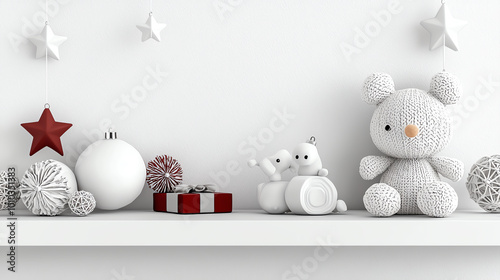 Cute decorative shelf with plush toys and holiday ornaments on a white background. photo