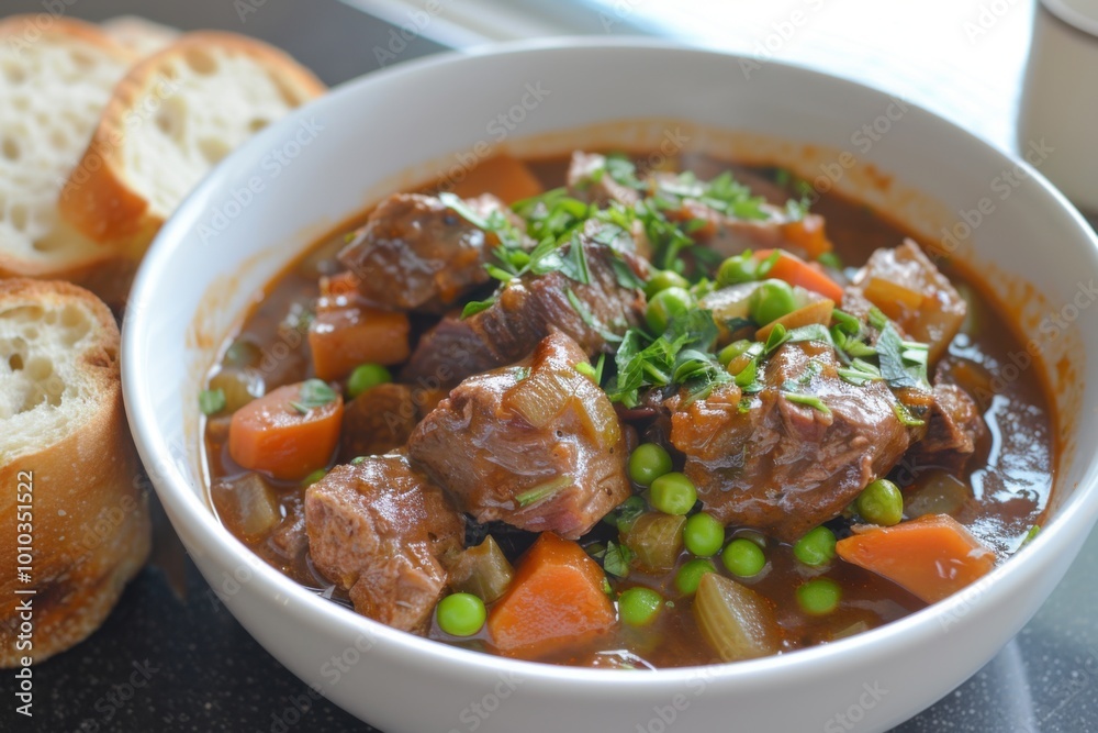 Hearty beef and vegetable stew with toasted bread for a rustic comfort meal Hearty beef and vegetable stew with toasted bread for a rustic comfort meal