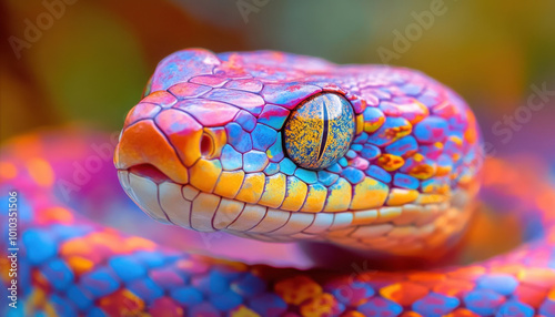 Vibrant close-up of a colorful snake with intricate scale patterns and a mesmerizing eye against a blurred background.