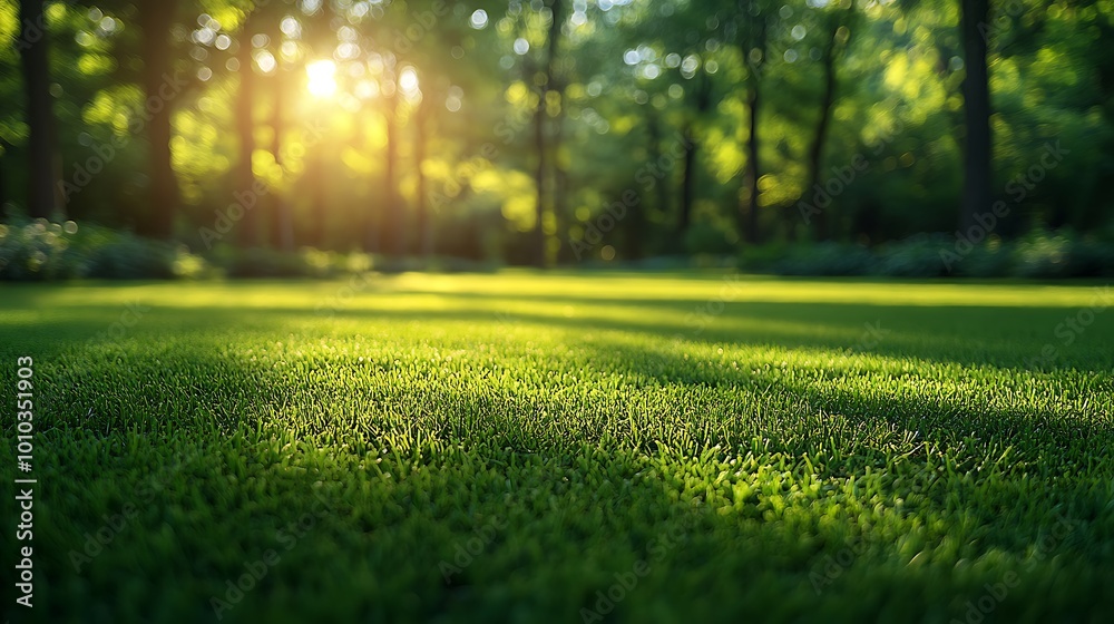Close up of lush green grass in a forest with sun shining through the trees. Close up of lush green grass in a forest with sun shining through the trees.
