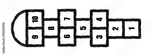 Hopscotch activity game drawn by chalk with numbers on white background. Hopscotch playground game with texture.