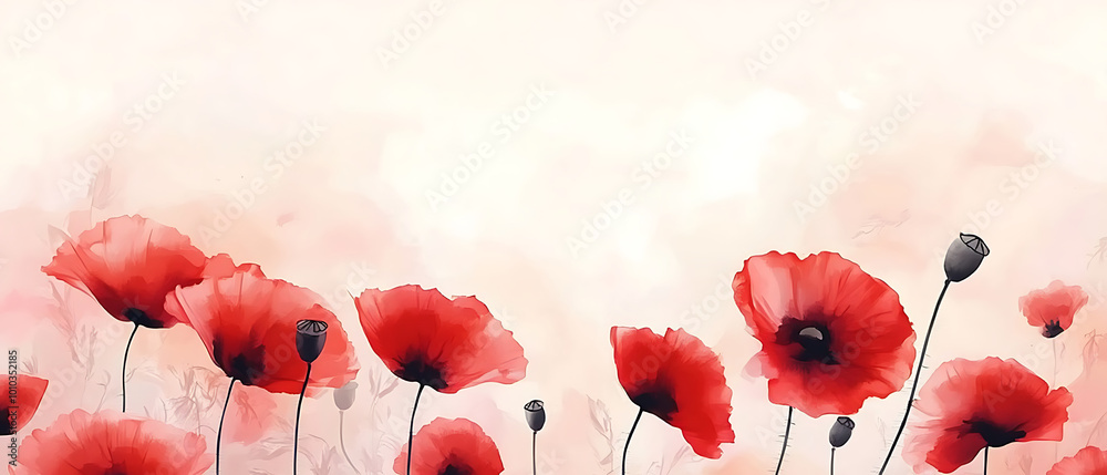 Fototapeta premium red poppy flowers on light pastel background, watercolor style