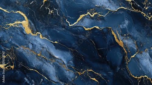 Abstract blue and gold marble texture with swirling patterns and glittering accents.