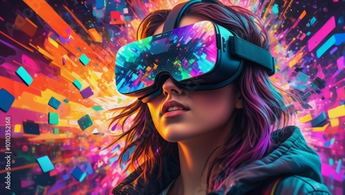 Girl and virtual reality glasses, pixels background Conceptual photo of the connection between man and modern technology. The photo was created using AI tools