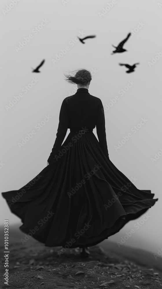 Φωτογραφία A serene black and white scene of a woman with neatly styled hair and a calm exp