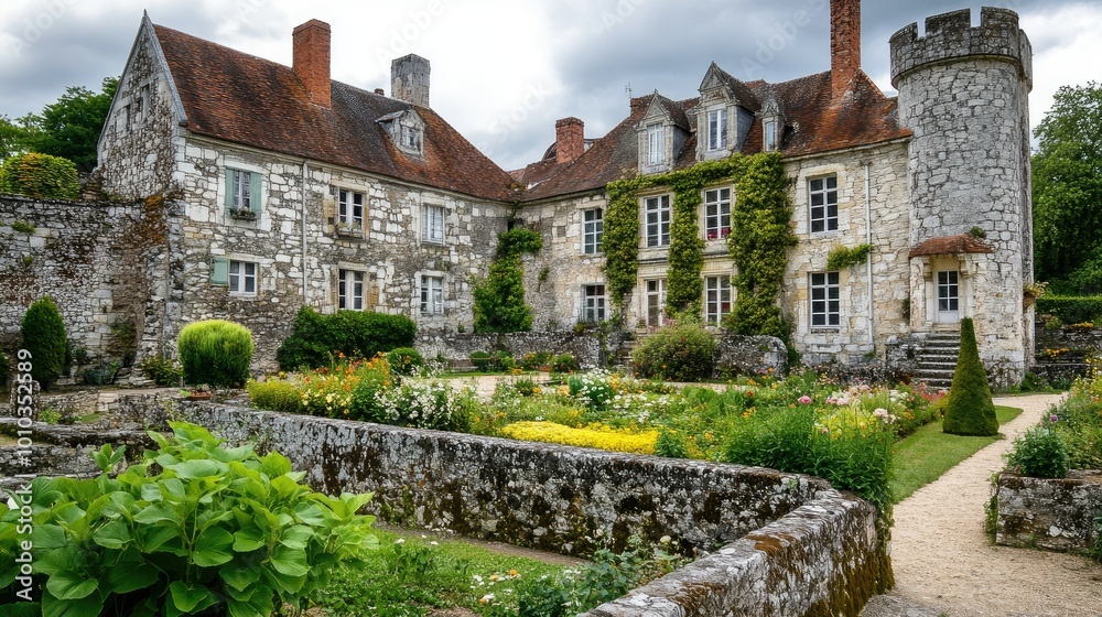 Historic castle with a moat surrounded by lush gardens Historic castle with a moat surrounded by lush gardens