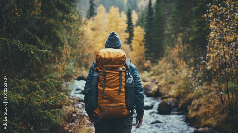 A lone hiker with a backpack walks through a lush forest beside a creek A lone hiker with a backpack walks through a lush forest beside a creek
