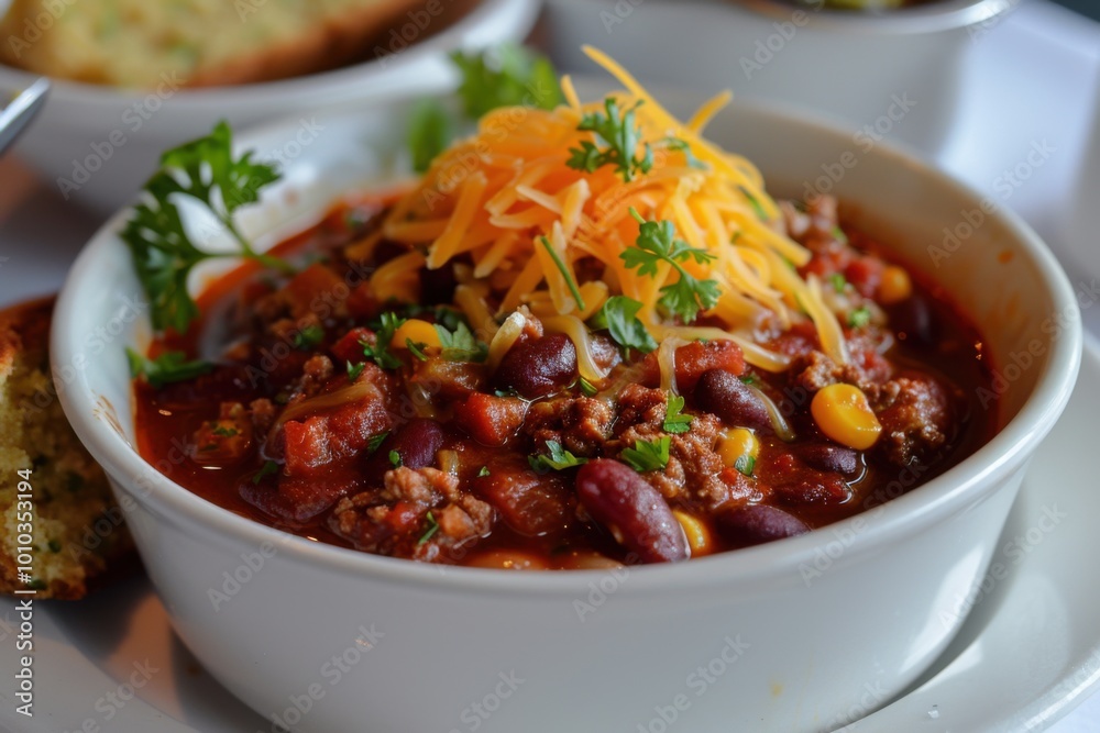 Classic chili with beans, cheddar cheese topping, and cornbread for a hearty meal Classic chili with beans, cheddar cheese topping, and cornbread for a hearty meal
