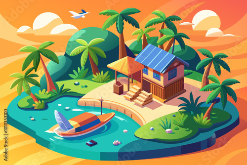 Marine bungalow house buildings placed on sea beach under palm trees cartoon vector illustration