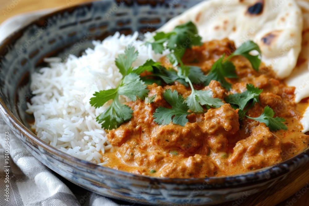 Butter chicken with creamy curry, basmati rice, and naan bread in a traditional Indian meal Butter chicken with creamy curry, basmati rice, and naan bread in a traditional Indian meal