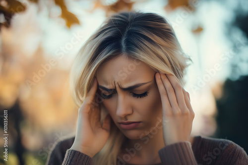 Woman is massaging both temples, indicating a headache or stress.