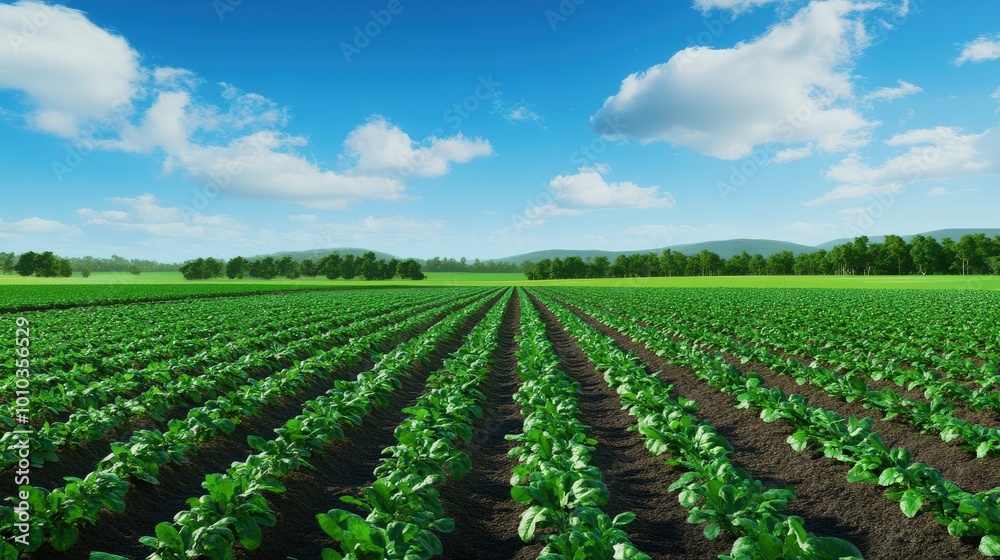 Green Field of Crops Under Blue Sky with Clouds Green Field of Crops Under Blue Sky with Clouds