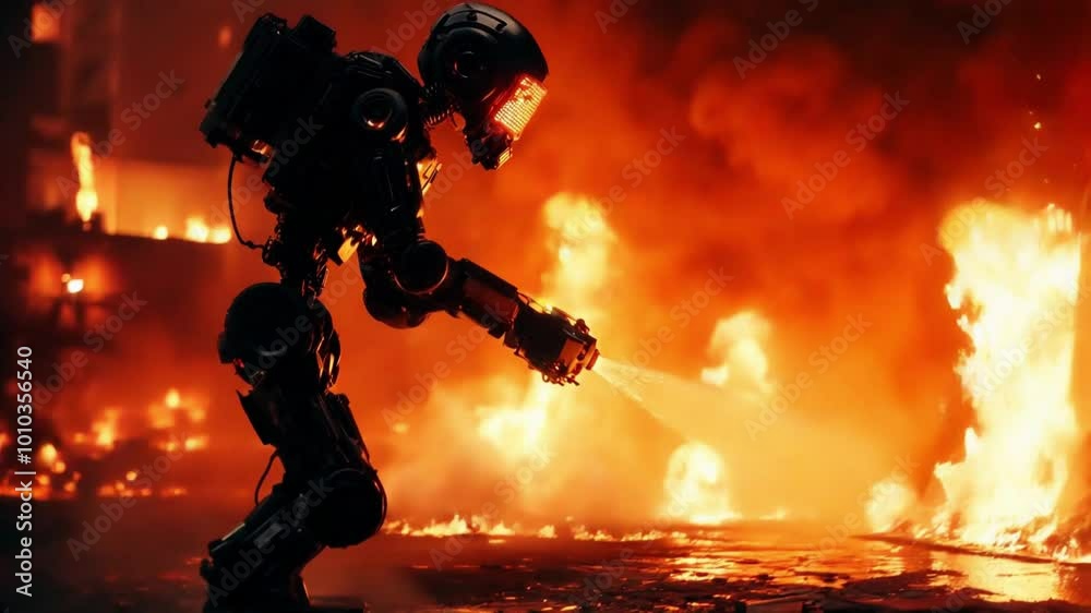 Firefighting Robot Extinguishing Flames in Emergency Situation Firefighting Robot Extinguishing Flames in Emergency Situation