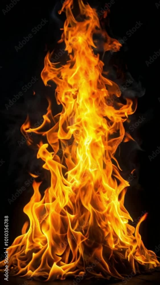 Intense fire flames on black background, vibrant orange and red hues in dramatic vertical composition Intense fire flames on black background, vibrant orange and red hues in dramatic vertical composition