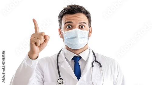 Doctor in a White Coat Wearing a Medical Mask, Pointing Up with a Surprised Expression - Realistic Image