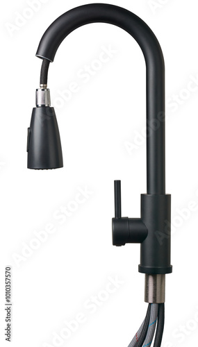 single handle matte black flexible or pull down kitchen faucet with hoses isolated white background, modern and stylish design side view