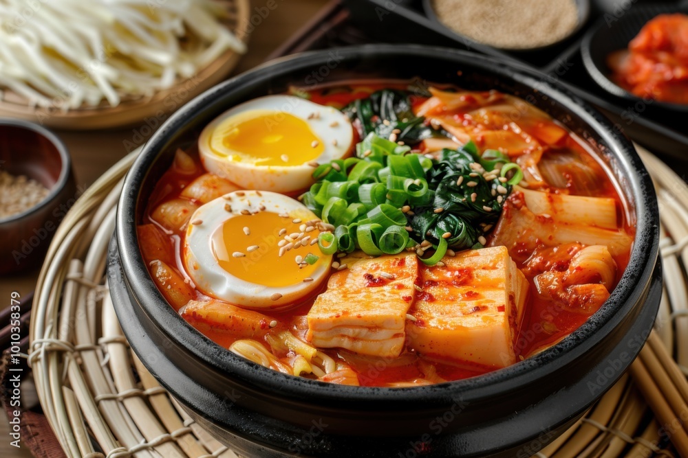 Spicy ramen bowl with soft-boiled eggs, sesame seeds, and fresh green onions