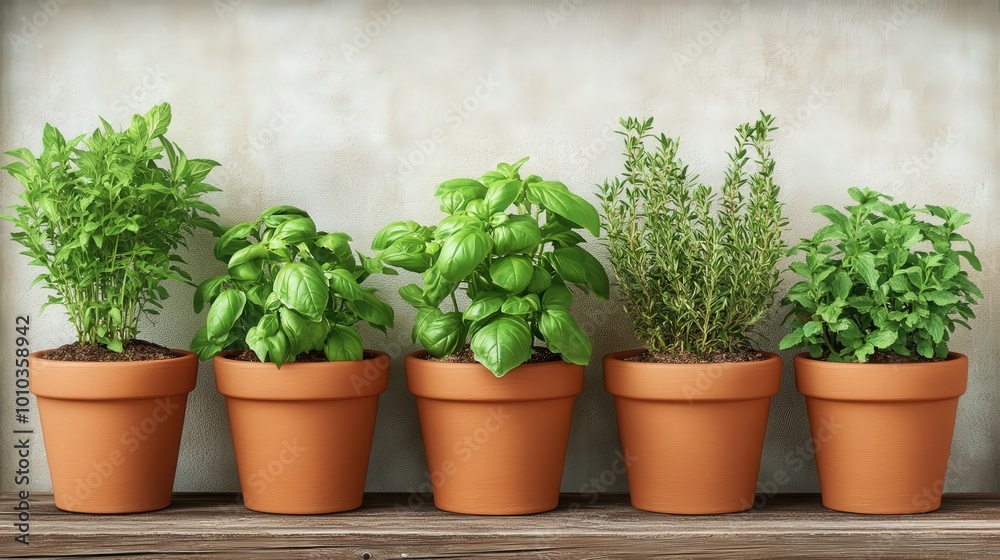 Fresh Herbs in Terracotta Pots on a Wooden Shelf Fresh Herbs in Terracotta Pots on a Wooden Shelf