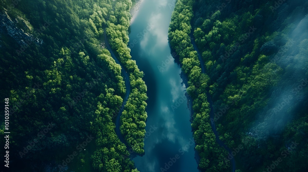 Aerial View of a Winding River Through a Lush Forest Aerial View of a Winding River Through a Lush Forest