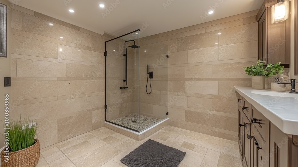 Modern bathroom featuring a glass shower and elegant tile design. Modern bathroom featuring a glass shower and elegant tile design.