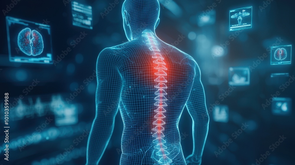 Digital rendering of a 3D human spine with glowing red highlighted pain ...