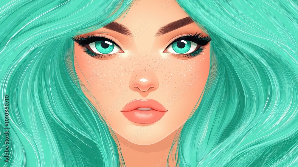 Φωτογραφία A stunning illustration of a girl with flowing turquoise hair set against a minimalist backdrop