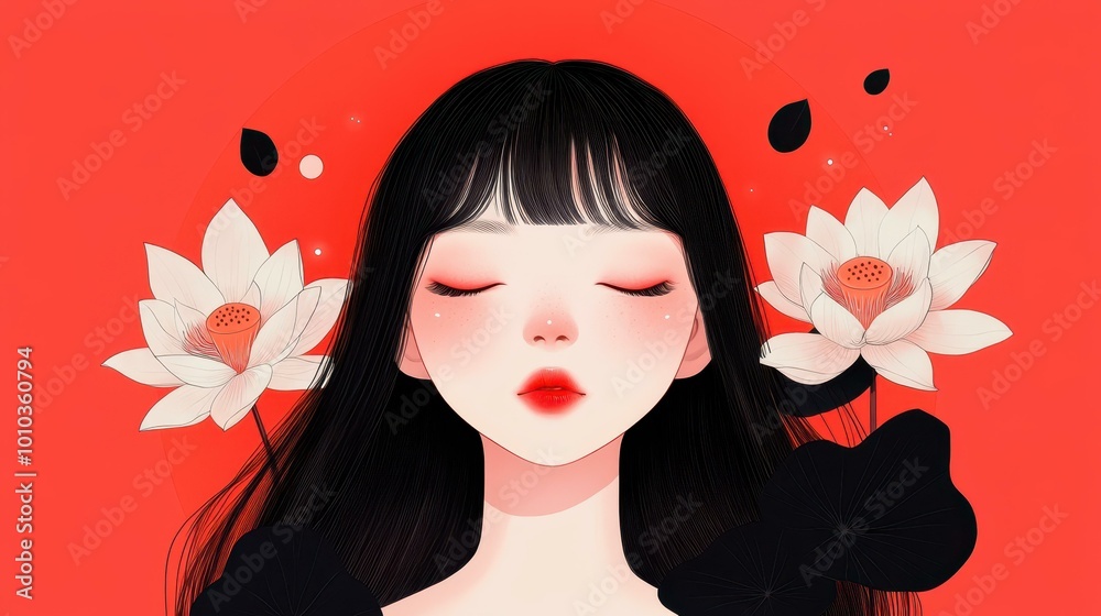 Φωτογραφία Vibrant animestyle portrait of a girl encircled by a delicate lotus flower and black leaves against a clean background