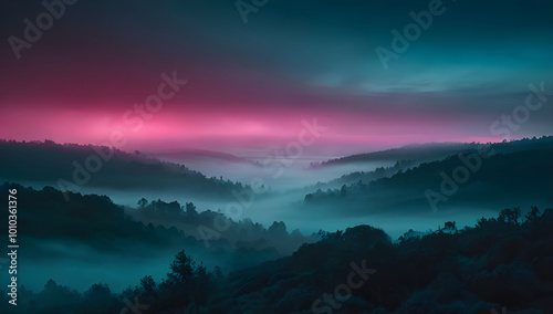  Surreal misty forest with vibrant magenta sky
