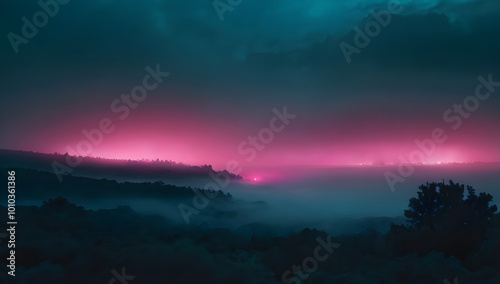 Dreamlike foggy forest under vibrant twilight sky