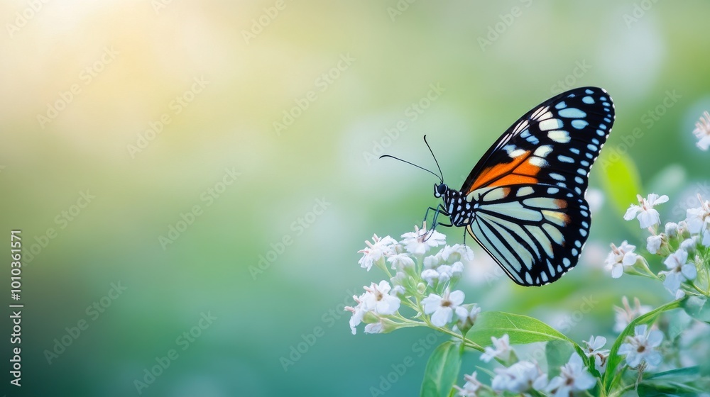 A colorful butterfly perched on white flowers, with a soft, green background. A colorful butterfly perched on white flowers, with a soft, green background.