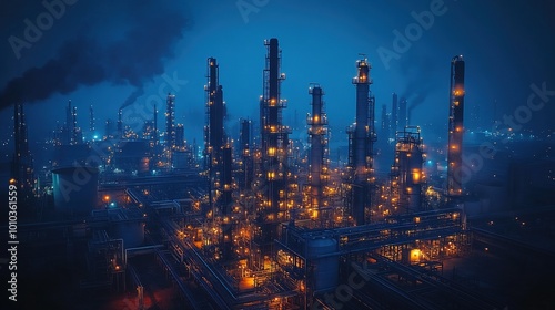 A large oil refinery production plant illuminated at night, industrial landscape 