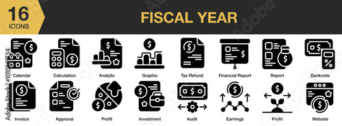 Fiscal Year solid icon set. Includes website, tax refund, report, profit, invoice, invesment, and More. Solid icons vector collection.