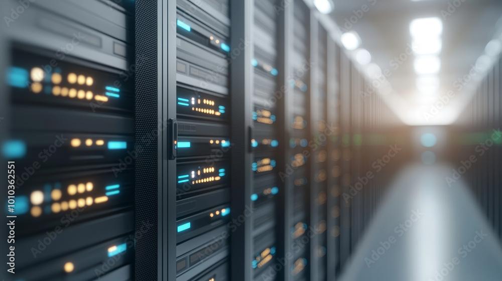 High tech server with plugins actively managing data in modern data center, showcasing advanced technology and efficient operations High tech server with plugins actively managing data in modern data center, showcasing advanced technology and efficient operations