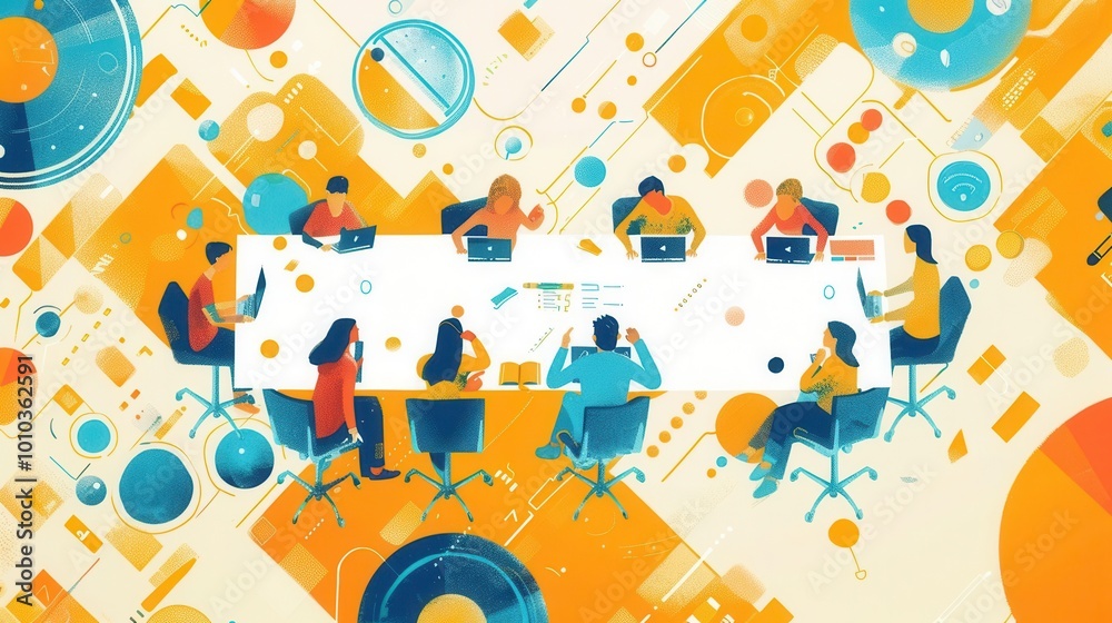 Obraz premium Conference call flat design worm's-eye view technology theme anime animation Split-complementary color scheme,