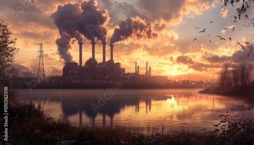 A factory with smoke stacks emitting pollution into the air at sunset, reflected in a lake. photo