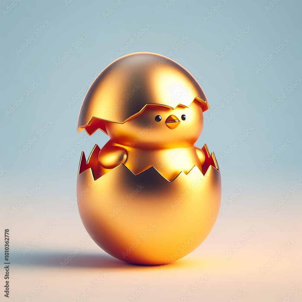 a cute, cool and hip gold shinny metallic futuristic chick hatch from egg a cute, cool and hip gold shinny metallic futuristic chick hatch from egg