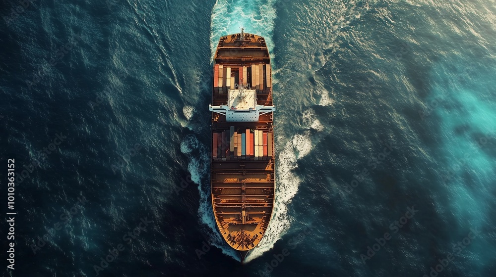 Aerial view cargo ship in ocean for export import industrial product international shippment Aerial view cargo ship in ocean for export import industrial product international shippment