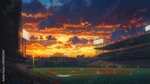 A baseball stadium at sunset with a bright orange sky and a crowded crowd in the stands. photo