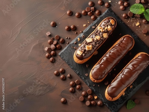 Exquisite French eclairs with chocolate glaze, bird's-eye view, plenty of space for text photo