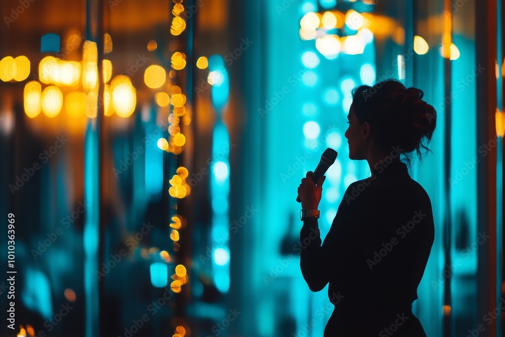 Naklejka premium Silhouette of a Woman Speaking with a Microphone