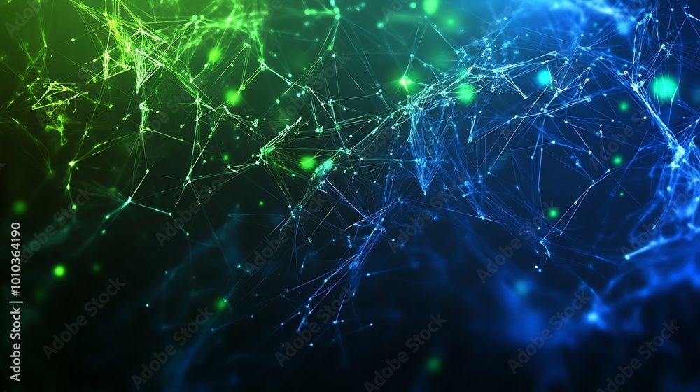 Abstract digital network background with green and blue glowing particles and lines. Abstract digital network background with green and blue glowing particles and lines.