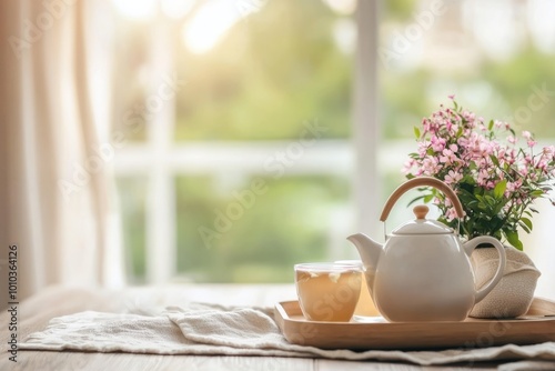 Tea set with herbal tea cups and a teapot on a tray. The setting is warm and inviting