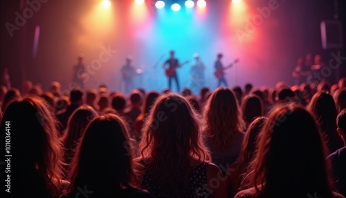 Crowd of people watches a live concert as musicians perform on stage under colorful lighting