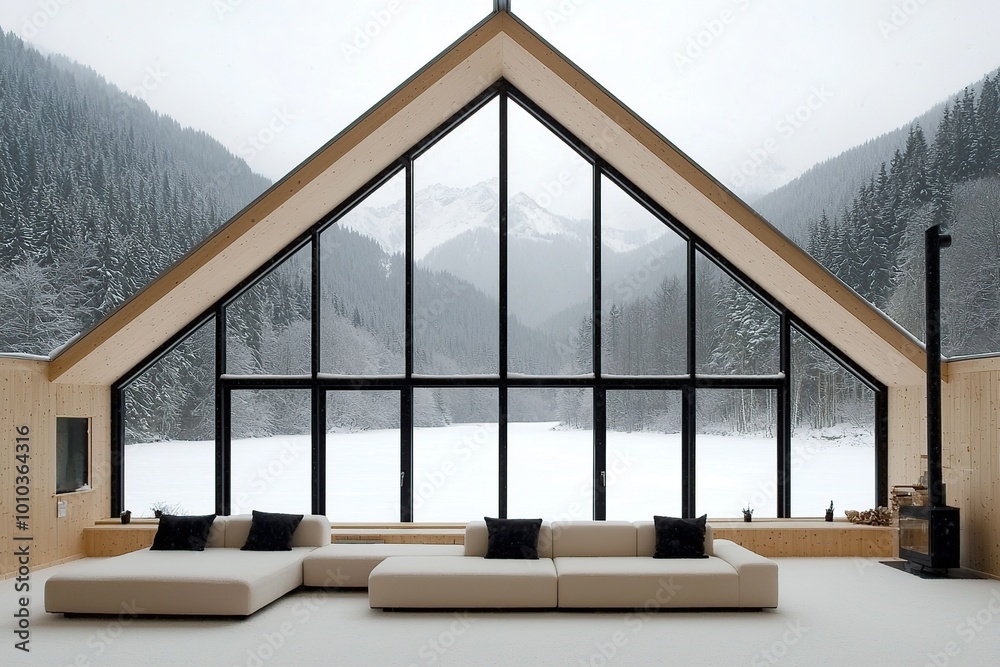 Modern living room with large windows and a view of snow-covered mountains. Modern living room with large windows and a view of snow-covered mountains.