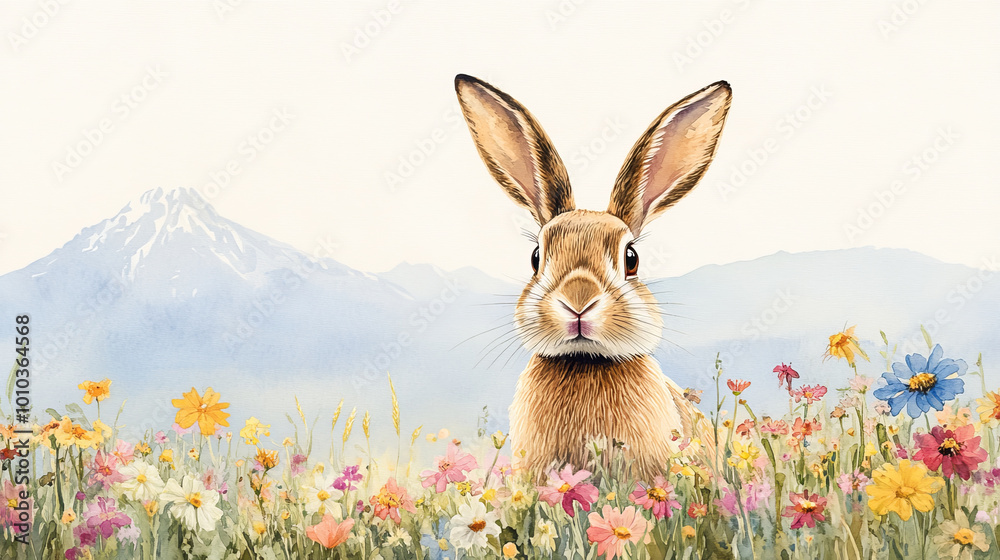 Fototapeta premium A rabbit peeks out from vibrant field of wildflowers, surrounded by picturesque mountain backdrop. scene evokes sense of tranquility and natural beauty