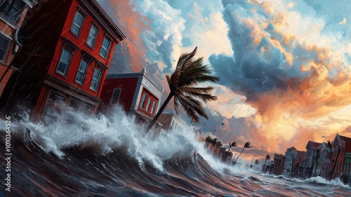 Hurricaneforce winds battering a coastal town, with waves crashing against buildings and palm trees bending under the storms power photo