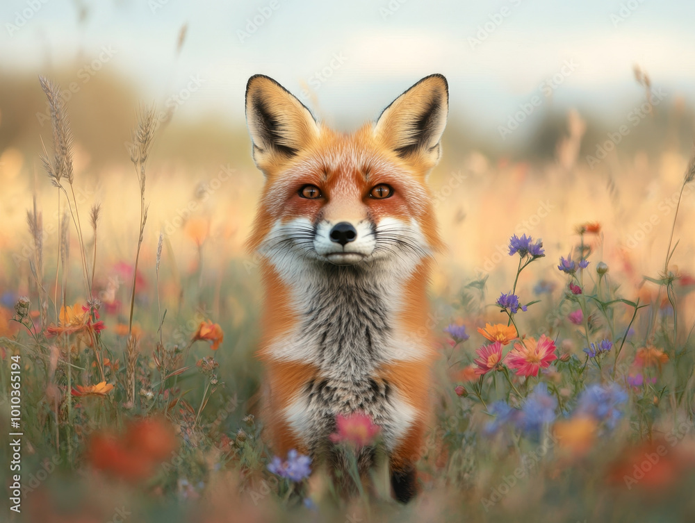 A fox stands gracefully in meadow filled with vibrant flowers and tall grasses, showcasing its striking orange fur and keen expression. scene captures beauty of nature and charm of wildlife A fox stands gracefully in meadow filled with vibrant flowers and tall grasses, showcasing its striking orange fur and keen expression. scene captures beauty of nature and charm of wildlife