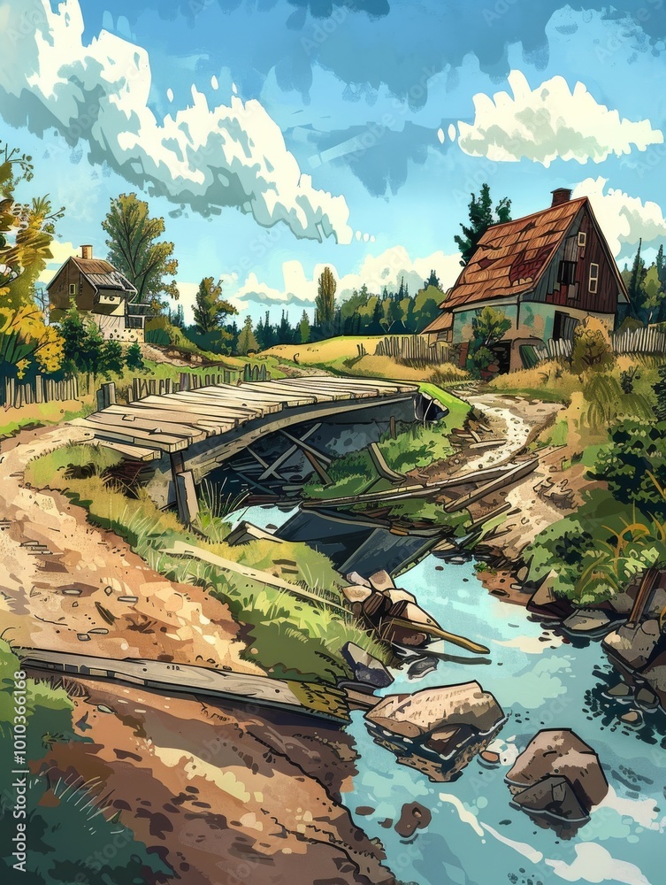 Φωτογραφία a broken bridge in the middle of it in a small town in the interior of the USA,