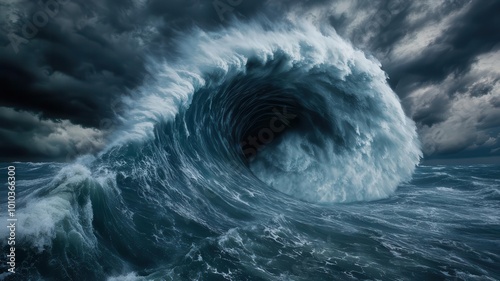 Cyclone spinning over the ocean, with towering waves and dark clouds signaling the storm s powerful approach to land