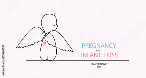 International day of Pregnancy and infant loss remembrance day line art poster. Unborn child with wings. Miscarriage and terminated pregnancy concept. Vector doodle hand drawn illustration.